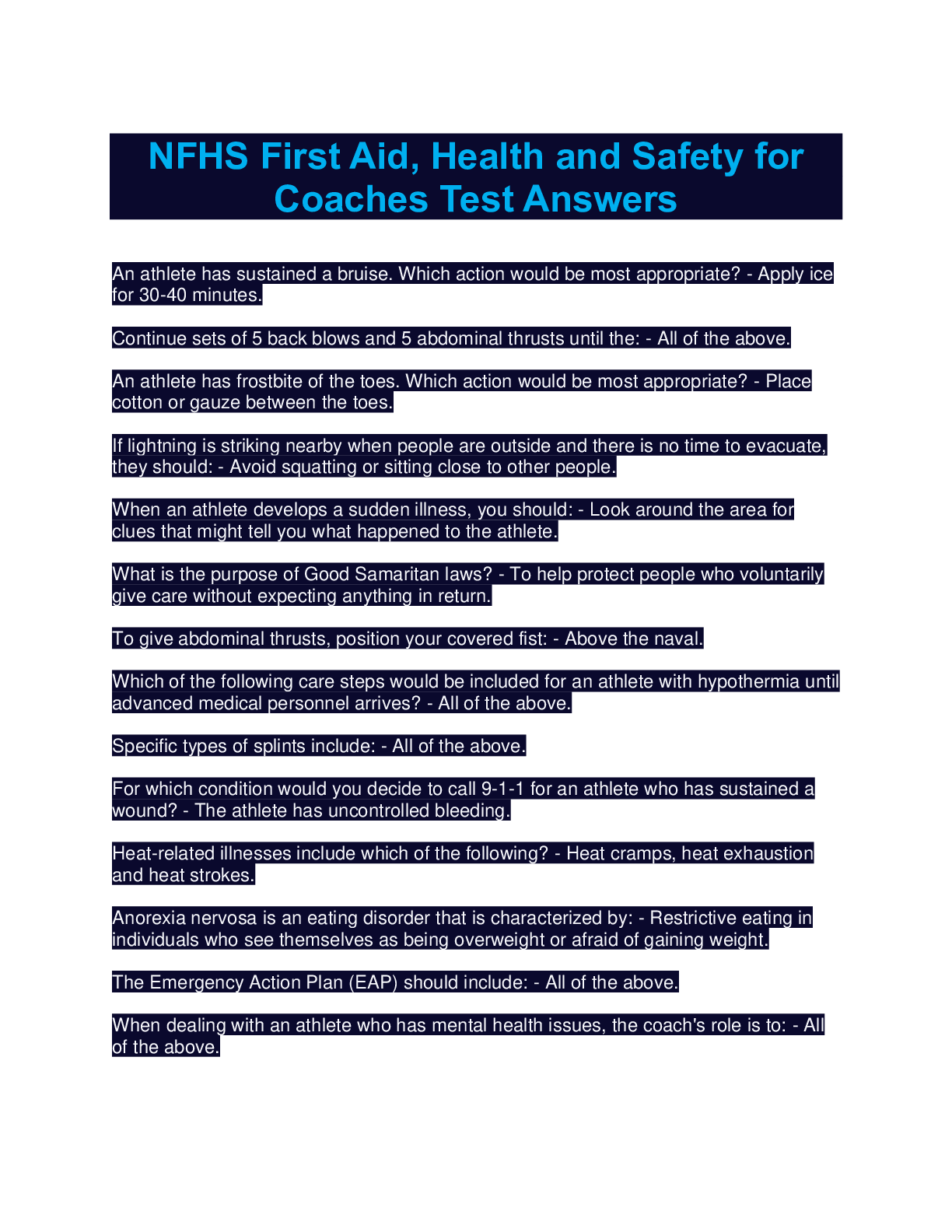Preview image for NFHS First Aid, Health and Safety for Coaches Test Answers